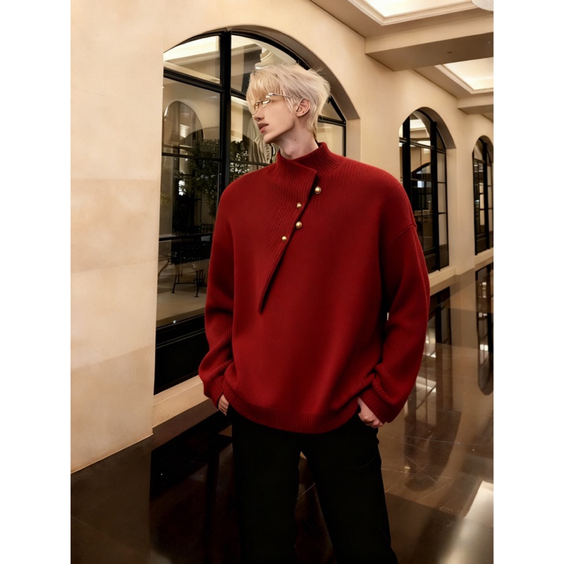 Men's Burgundy Irregular Turtleneck Sweater, Winter Thickened Design, High-End Inner Layer Knitwear