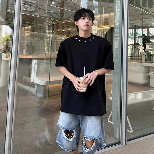 Мужская дизайнерская нишевая футболка в стиле американского ретро с правым плечом, с короткими рукавами и маленьким вырезом, подплечники, рукава три четверти