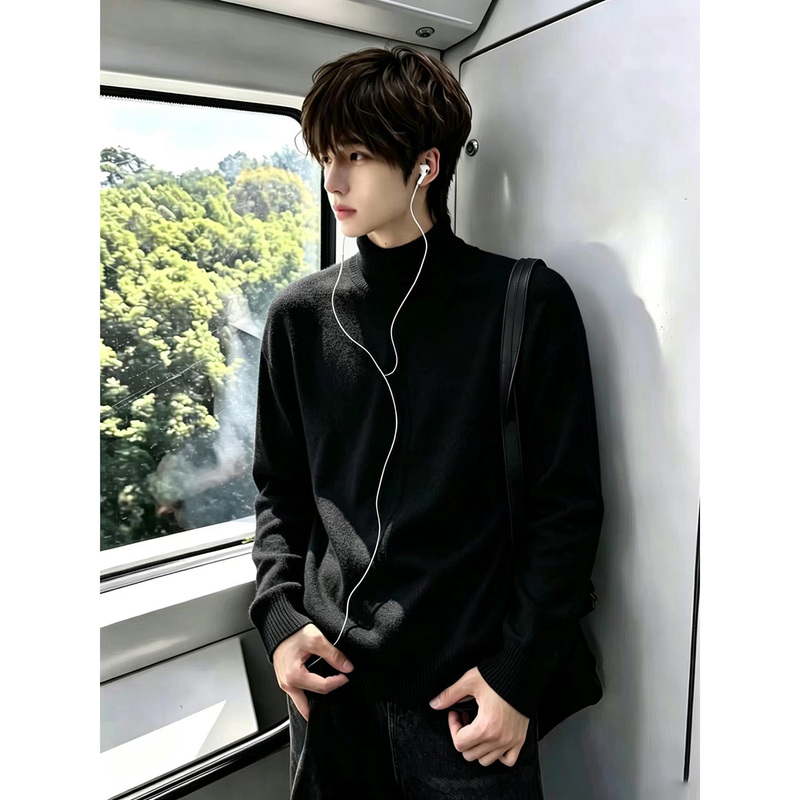 Black Regular Shoulder High-Neck Sweater for Men, Autumn and Winter Style, Stylish Slim-Fit Knitwear with a High-End Feel, Suitable as an Inner Layer