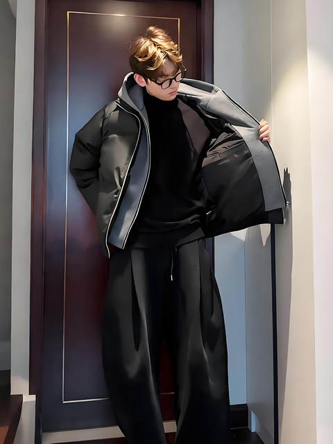 Fake two-piece American short down jacket, hooded, high-end leather jacket, men's handsome winter outfit, complete set