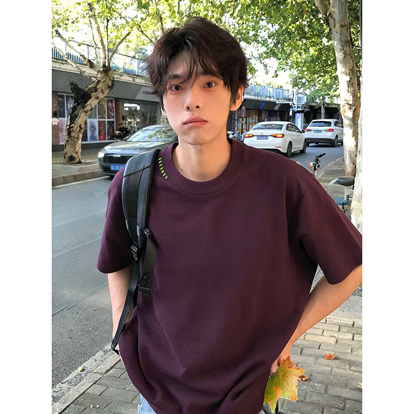 乌梅紫色重磅纯棉t恤男款夏季小领口美式正肩短袖高级感通勤半袖