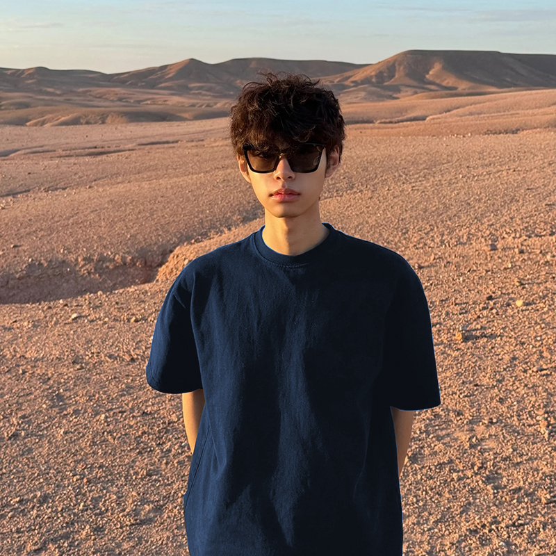 Navy Blue Japanese-Style T-Shirt, American Retro Cleanfit Short-Sleeve Men's Summer Xinjiang Cotton Small Neckline Heavyweight Half-Sleeve