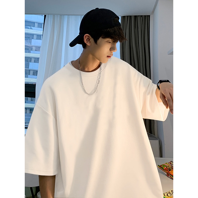 Pure Cotton Heavyweight T-Shirt with a Small Neckline, Clean and Sunny Style for Men, White Short-Sleeve for Layering, Summer 3/4 Sleeves