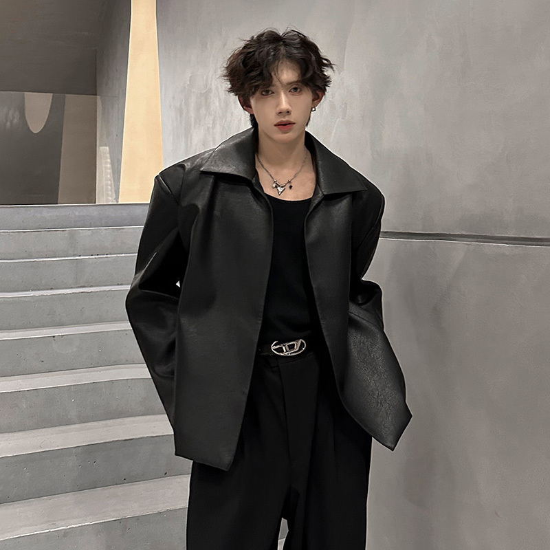 Handsome Black Leather Jacket Without Buttons, Minimalist American Cleanfit Style, Men's Spring and Autumn High-End Executive Jacket