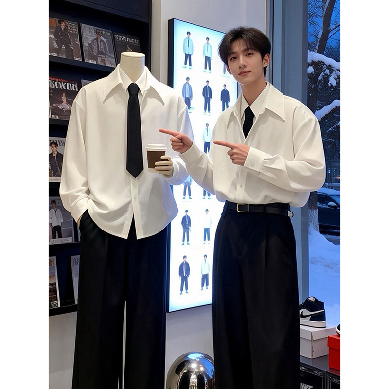American-Style Fake Two-Piece White Shirt for Men, Spring Outfit, a Complete Set with a High-End Feel, Long-Sleeved Shirt with Drape, Suit Pants American-Style Fake Two-Piece White Shirt for Men, Spring Outfit, a Complete Set with a High-End Feel, Long-Sleeved Shirt with Drape, Suit Pants