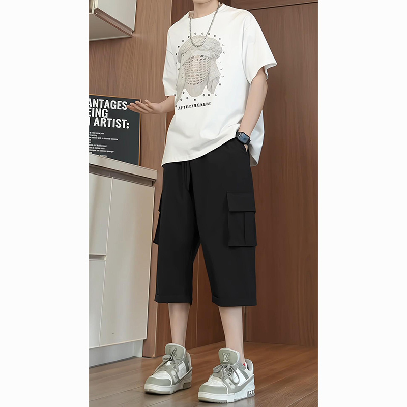 Men's Ice Silk Cropped Pants, Summer Straight-Leg Black Quick-Dry American-Style Work Pants, Thin Breeches, Petite Eight-Point Pants