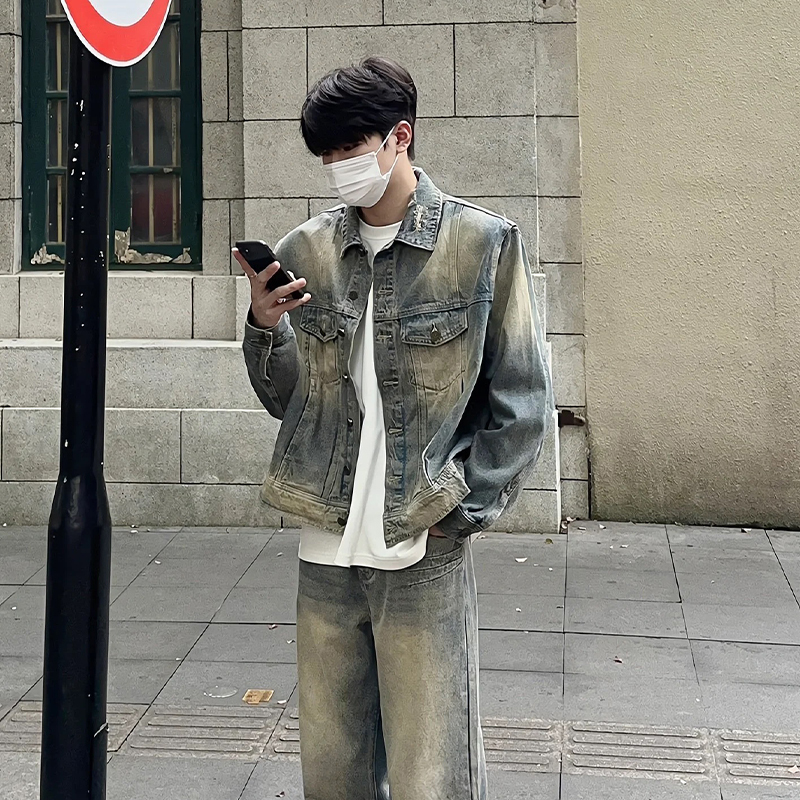 American Retro Short Denim Jacket for Men, Trendy, High-End, Cool, American Workwear Jacket, Niche Stand-Up Collar Denim Jacket