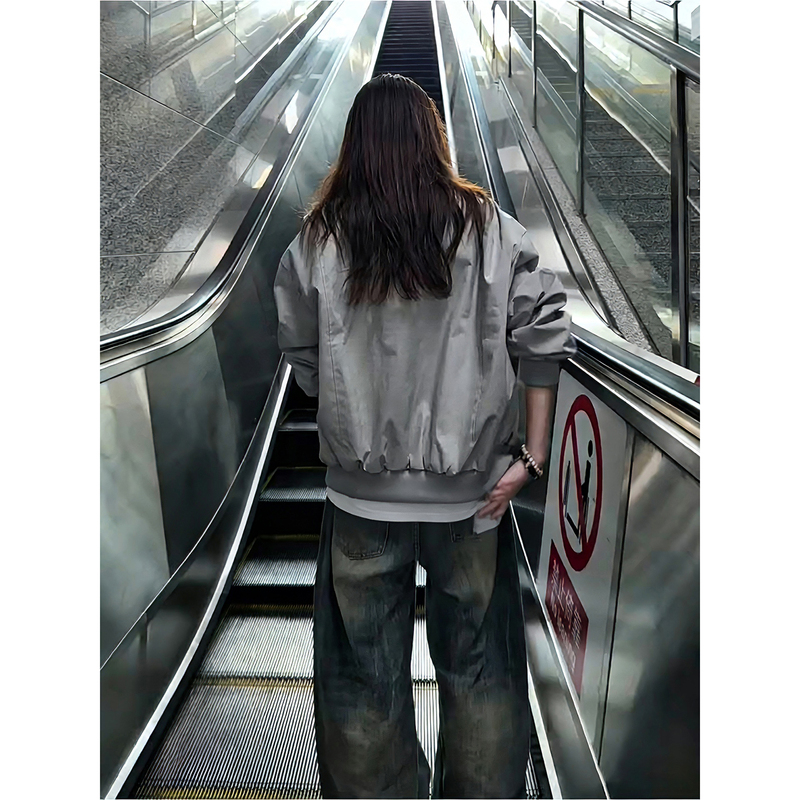 Gray Bomber Short Jacket for Men, Spring and Autumn Design, Patchwork American-Style Flight Jacket, Oversized Stand Collar Baseball Jacket