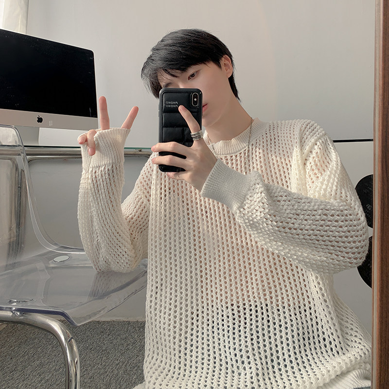 White Crew Neck Sweater for Men, Spring and Autumn, Niche Hollow Knit Top, Lazy Style, American Minimalist Jacket