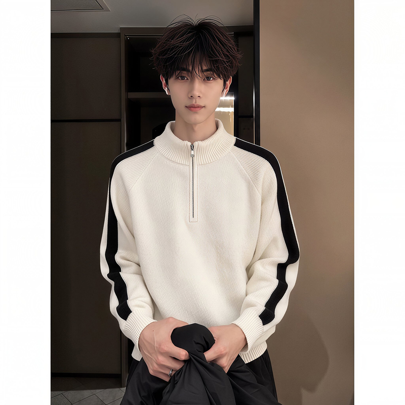 White Half-Zip Stand-Up Collar Sweater for Men, Autumn Retro Color-Blocking Warm Knitwear, Casual and Versatile Top