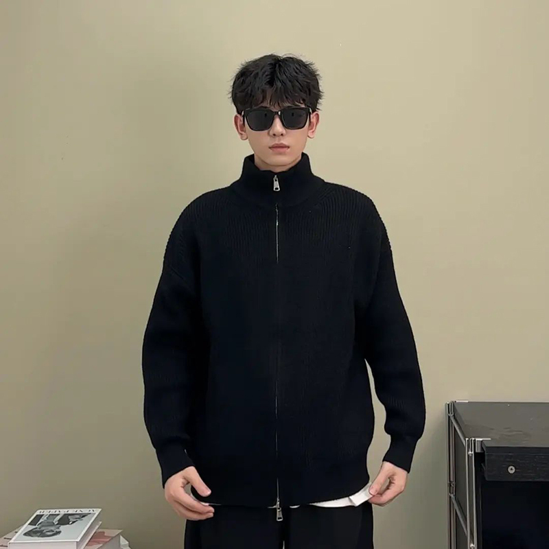Black Double-Zip Cardigan Sweater for Men, American Retro Style, Spring and Autumn Jacket, Trendy Brand, High-End Feel, Half-High Collar Knitwear