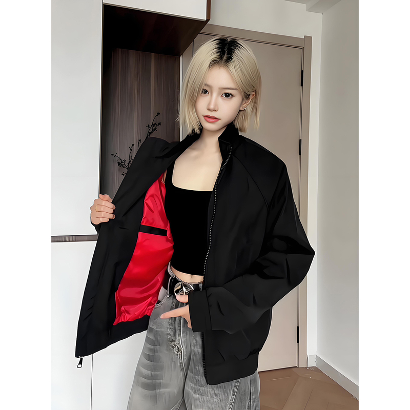 American-Style Black Workwear Jacket with Red Inner Lining and Stand-Up Collar for Men, Short Spring and Autumn Flight Baseball Jacket with Zipper, Couple's Windbreaker
