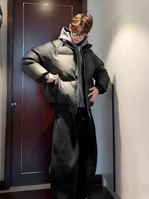 Fake two-piece American short down jacket, hooded, high-end leather jacket, men's handsome winter outfit, complete set