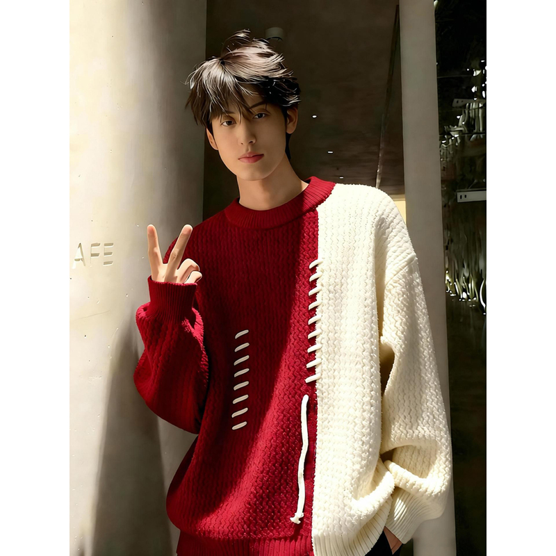 Men's Winter Thickened Warm Sweater with Contrasting Color Patchwork for the Year of the Horse, Suitable as an Inner Layer with a Sense of Style Men's Winter Thickened Warm Sweater with Contrasting Color Patchwork for the Year of the Horse, Suitable as an Inner Layer with a Sense of Style