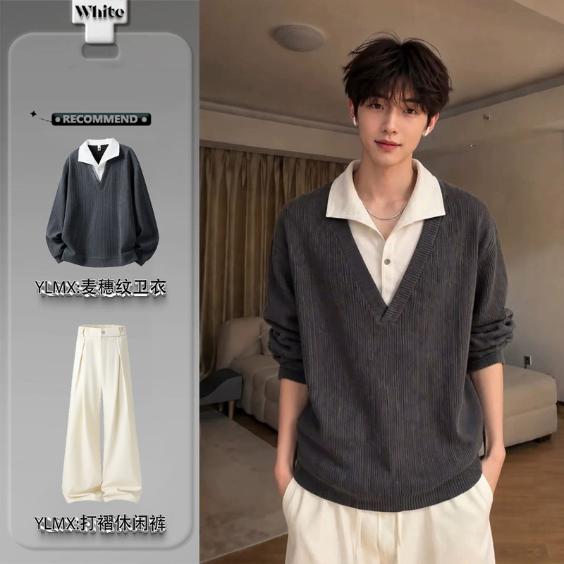 Men's Autumn Outfit with a Sense of Sophistication, Faux Two-Piece Wheat Pattern Polo Shirt, Sweatshirt, Heavyweight Old Money Style Long-Sleeve T-Shirt