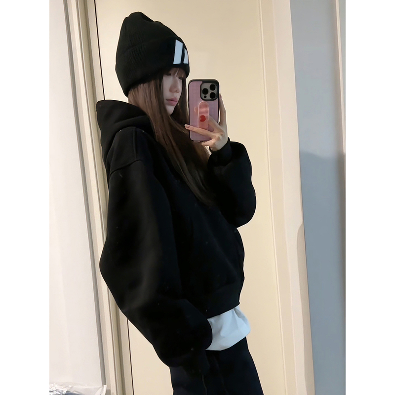 Black Double-Zipper Cardigan Sweatshirt for Men, Autumn and Spring American-Style Cleanfit Jacket, High-End Couple's Hoodie