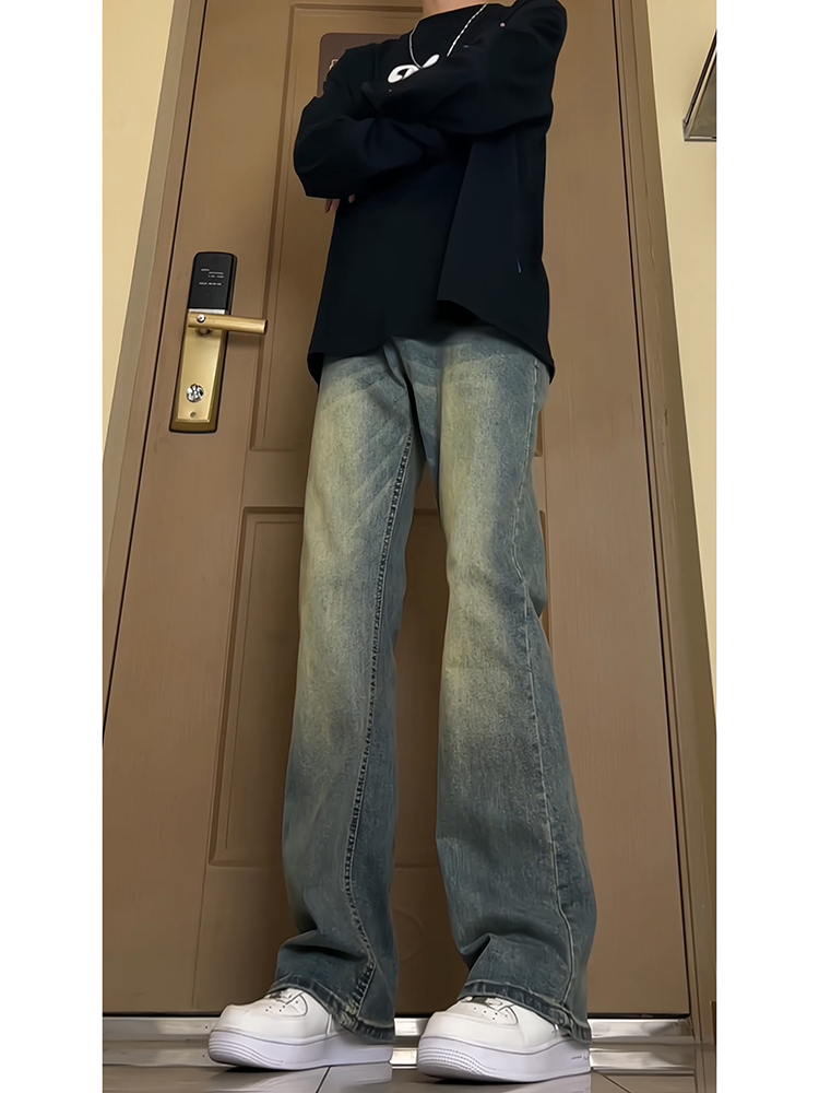 <!--复古蓝牛仔裤男款夏季高个子弯刀微喇裤直筒显高美式vibe裤子高街-->