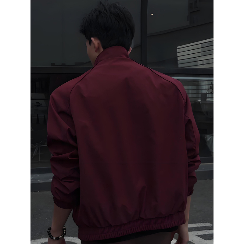 Burgundy Stand-Collar Flight Jacket for Men, Spring and Autumn American-Style Short Patchwork Workwear Jacket, High-End Casual Baseball Jacket
