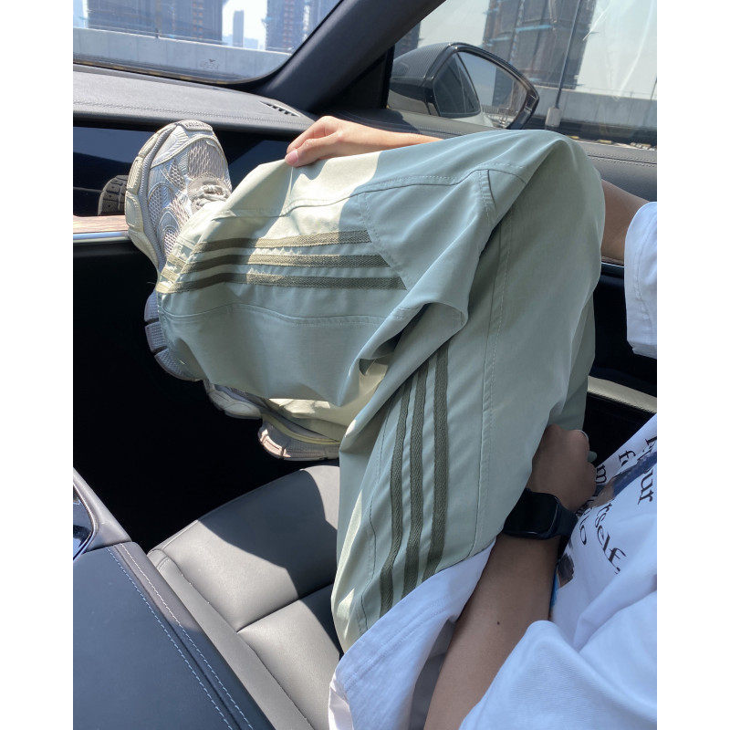 Dopamine Green Three-Stripe Pants for Men, Summer Thin Hip-Hop Jazz Dance Pants, American-Style Quick-Dry Sports Pants