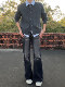 Black lightning pattern bootcut jeans for men, winter thickened slim straight pants, American vibe scimitar trousers