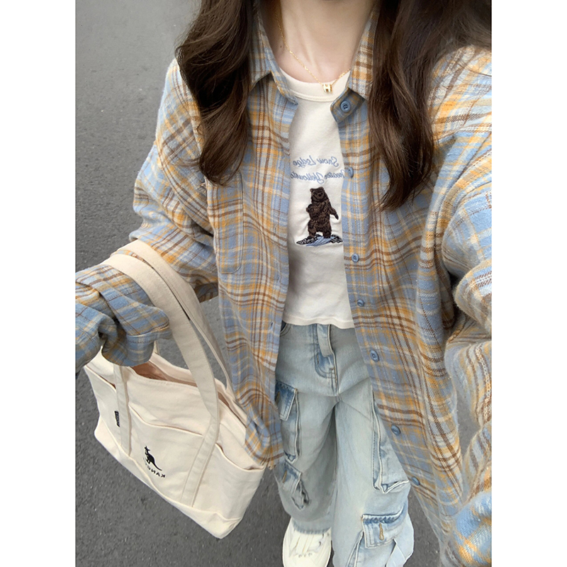 Vintage Yellow and Blue Plaid Shirt for Men, Long-Sleeved, Spring, American Retro Plaid Shirt, Niche High-End Jacket