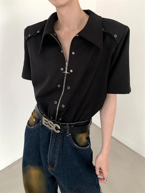 Niche Metal Deconstructed Design Shoulder Pad Short-Sleeve Shirt for Men, Summer High-End Feel ins Loose Zipper Shirt Trendy
