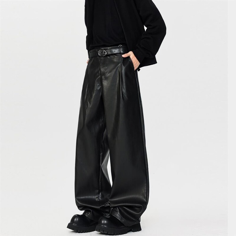 American High Street Black Pu Leather Pants for Men, Spring and Autumn Trendy Brand Loose Straight-Leg Trousers, Vintage Versatile High-End Pants