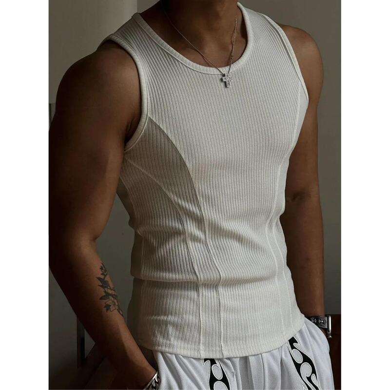 American-Style Men's Slim-Fit Summer Ribbed Vertical Stripe Tight-Fitting Elastic Spliced Fitness Crew Neck Sleeveless Vest