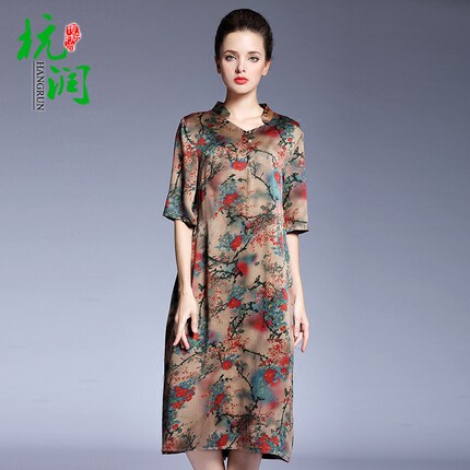 杭润中老年女装真丝长款宽松大码连衣裙香云纱