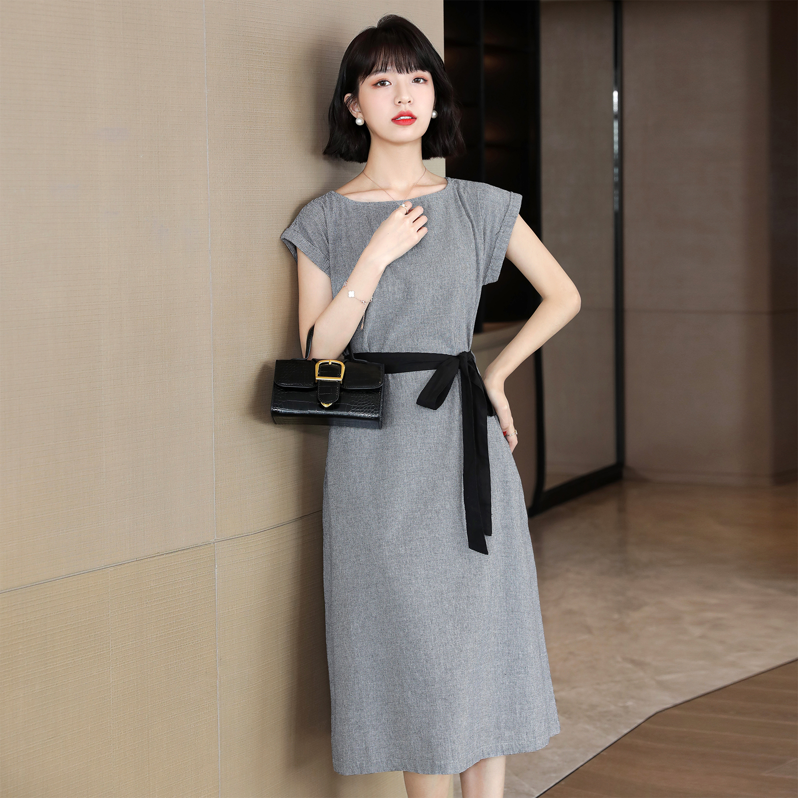 FENPERATE 2022 summer new high-end houndstooth dress retro loose tie waist mid-length skirt
