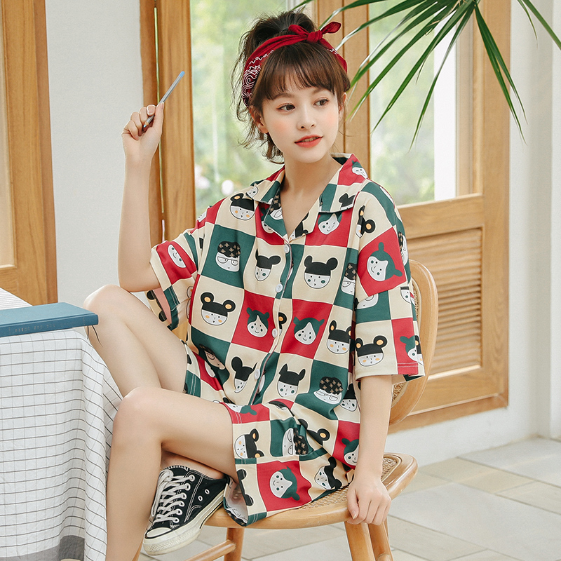 Pajama womens mùa hè bông ngắn tay giản dị phim hoạt hình nhà mặc Hàn Quốc phiên bản của cỡ lớn quần short cotton có thể đi ra ngoài hai mảnh.