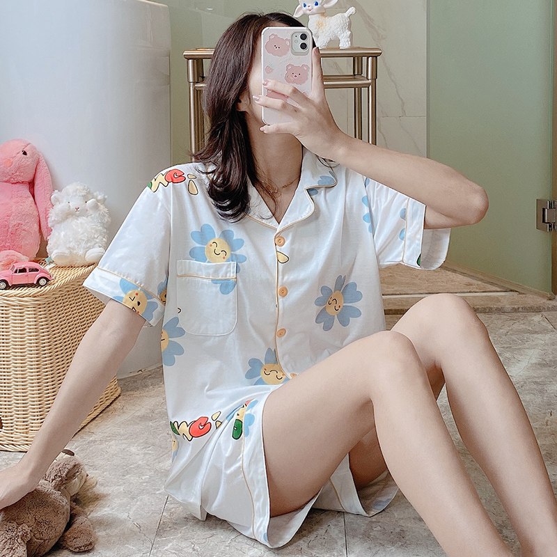 Bộ đồ ngủ womens mùa hè bông Hàn Quốc phiên bản của quần short ngắn tay dễ thương hướng dương mỏng lỏng lẻo có thể mặc quần áo nhà giản dị.