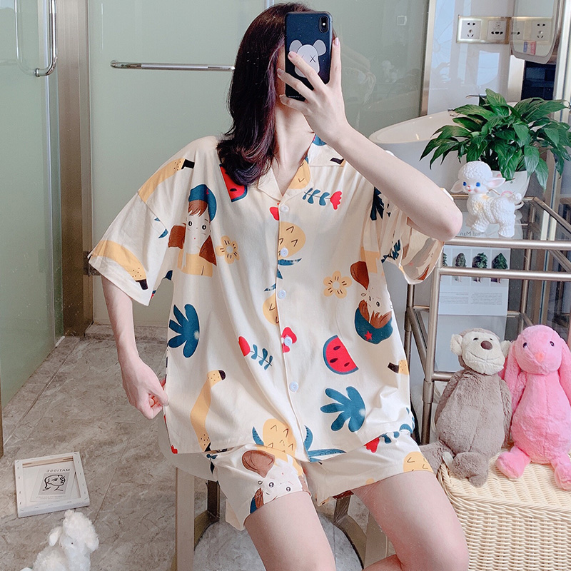 bộ đồ ngủ cardigan Nhật womens bông mùa hè ngắn sleeveth mỏng dễ thương phim hoạt hình dưa hấu Hàn Quốc phiên bản lỏng lẻo bộ quần áo về nhà.
