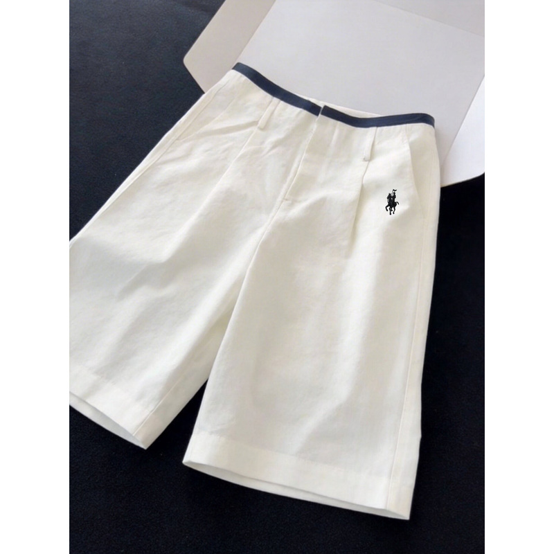 White Suit with Horse Embroidery in Old Money Style, Wide-Leg Shorts for Women, Summer Relaxed High-Waisted Loose Straight-Leg Five-Point Shorts White Suit with Horse Embroidery in Old Money Style, Wide-Leg Shorts for Women, Summer Relaxed High-Waisted Loose Straight-Leg Five-Point Shorts
