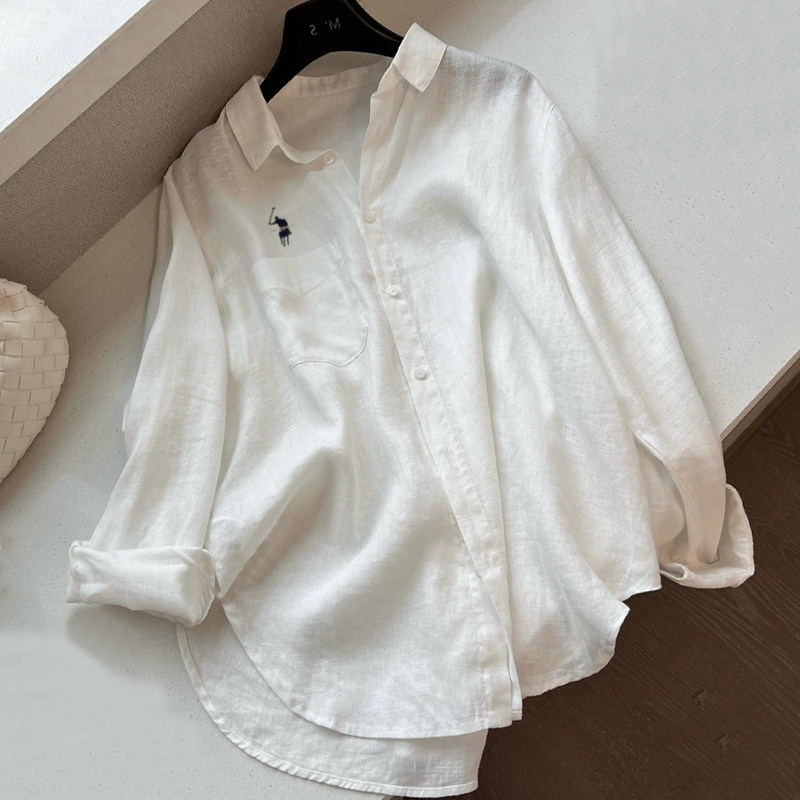 White Ice Silk Long-Sleeve Shirt with Horse Embroidery for Women, Summer Thin Style, High-End Loose Casual Shirt, Sun Protection Top