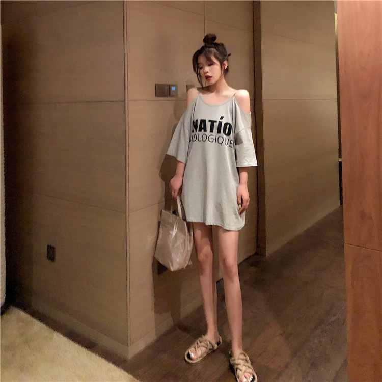 VK旗艦店 韓系露肩小心機露背印花寬鬆短袖洋裝