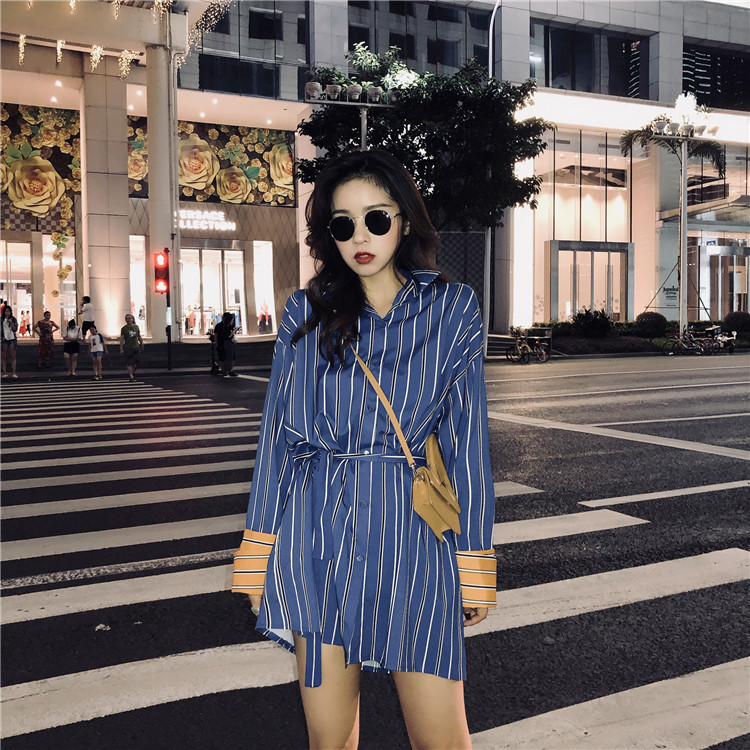 VK旗艦店 韓國風時尚條紋襯衫裙收腰顯瘦長袖洋裝