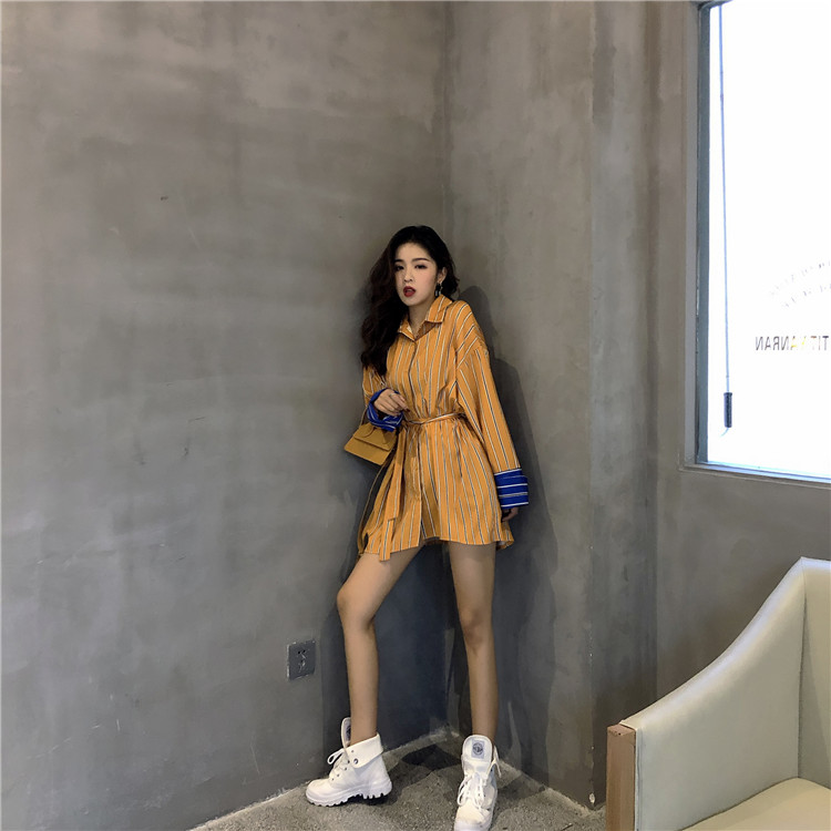 VK旗艦店 韓國風時尚條紋襯衫裙收腰顯瘦長袖洋裝