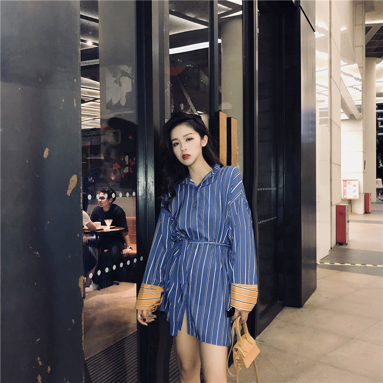 VK旗艦店 韓國風時尚條紋襯衫裙收腰顯瘦長袖洋裝