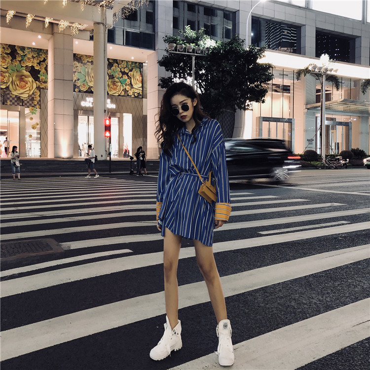 VK旗艦店 韓國風時尚條紋襯衫裙收腰顯瘦長袖洋裝