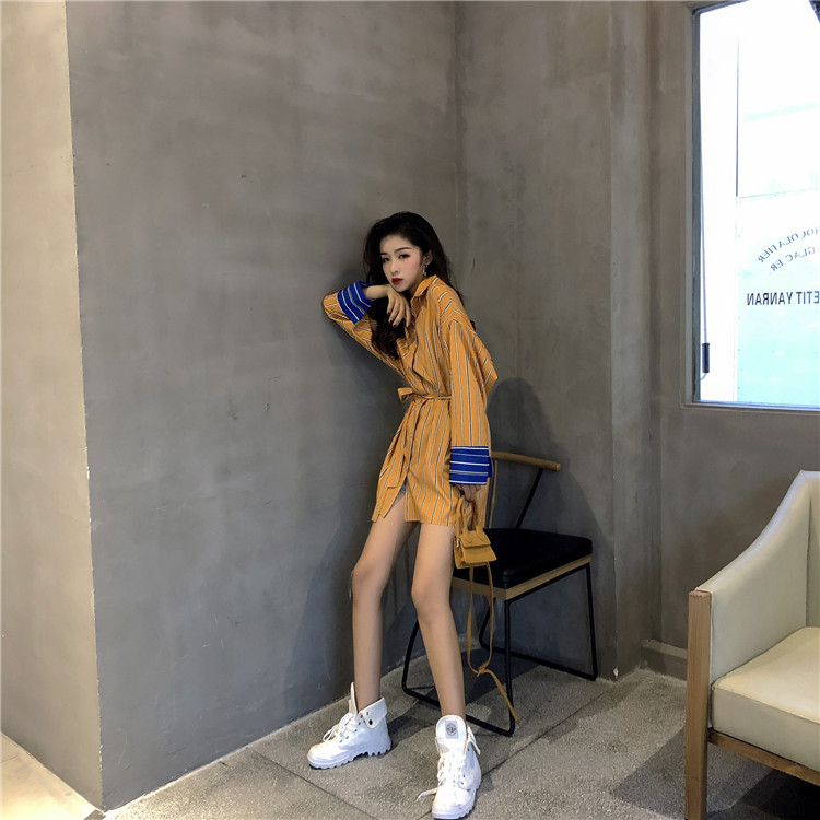 VK旗艦店 韓國風時尚條紋襯衫裙收腰顯瘦長袖洋裝