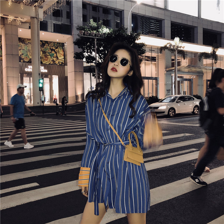 VK旗艦店 韓國風時尚條紋襯衫裙收腰顯瘦長袖洋裝