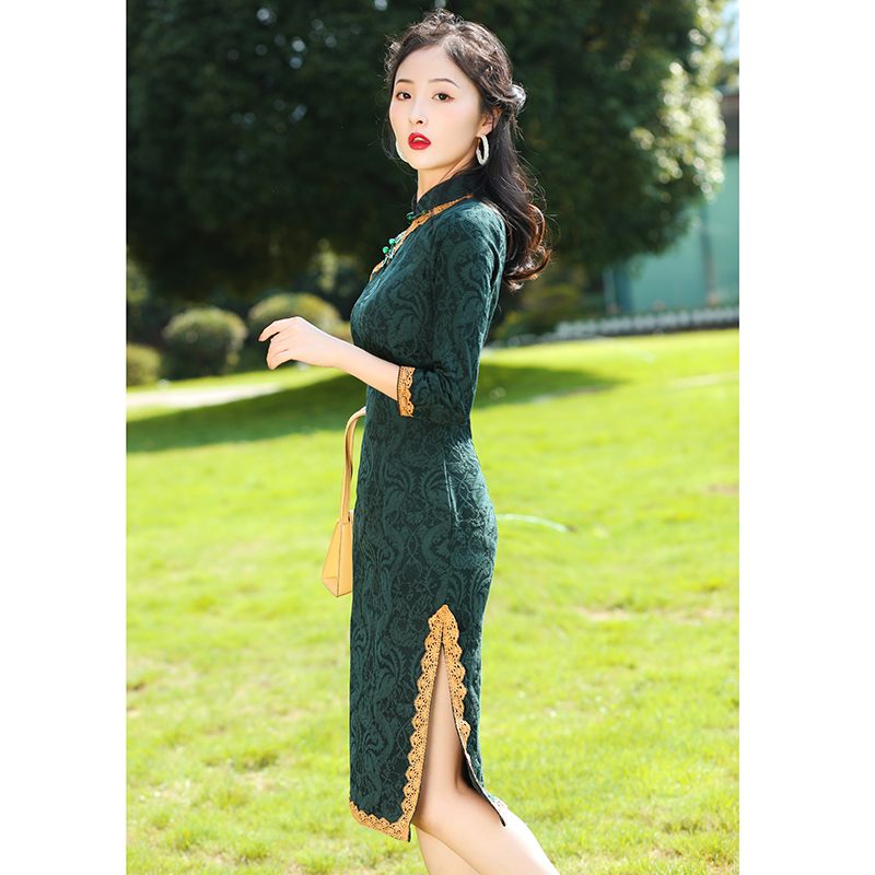 Green cheongsam, lightweight elite retro dress, 2021 years, autumn, long sleeve, cotton and linen