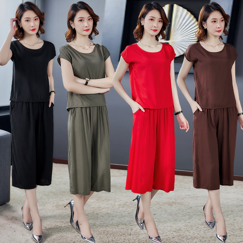 Cotton silk pajamas summer fashion wearing old mom silk suit loose short sleeve two sets of home suit