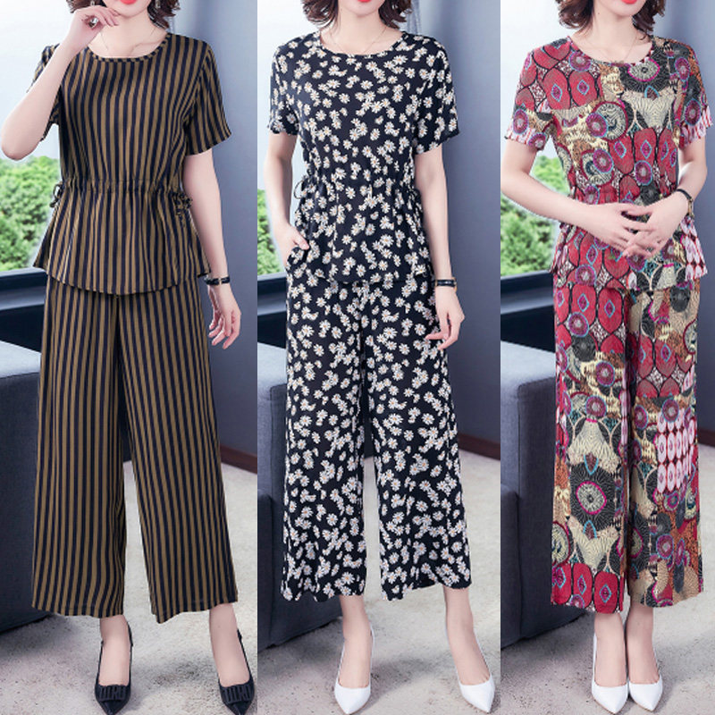 Cotton silk pajamas women's fashionable outer wear loose short-sleeved two-piece mother summer clothes home clothes can go out casual suit