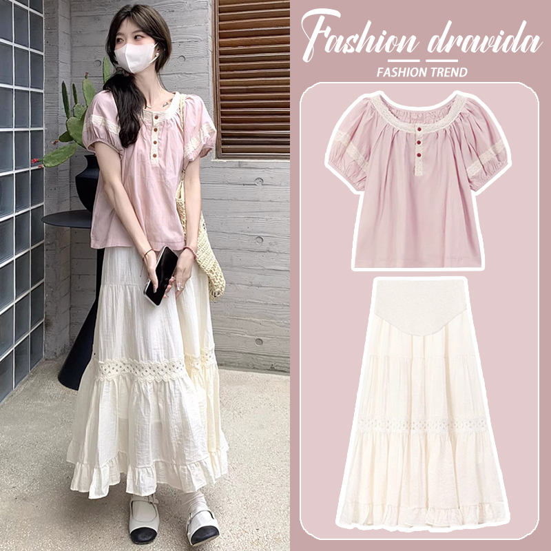 Maternity Summer Outfit Two-Piece Set Lace Patchwork Shirt and Skirt Summer Petite Style 2025 New Women's Model