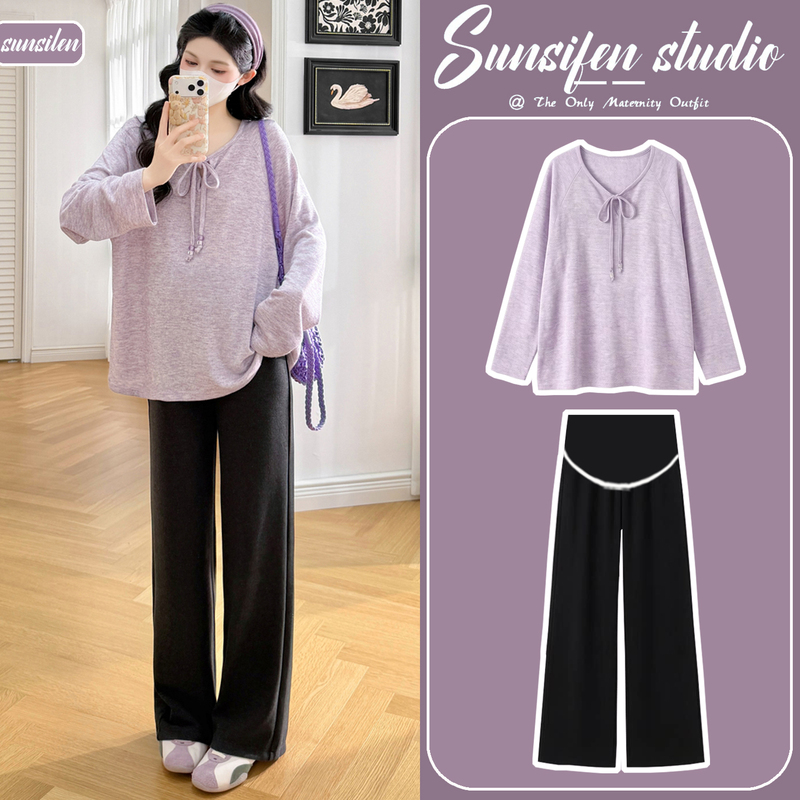 Maternity Autumn Outfit 2026 New Fashion Casual Plus-Size Top Black Wide-Leg Pants Maternity Outfit Set Maternity Autumn Outfit 2026 New Fashion Casual Plus-Size Top Black Wide-Leg Pants Maternity Outfit Set