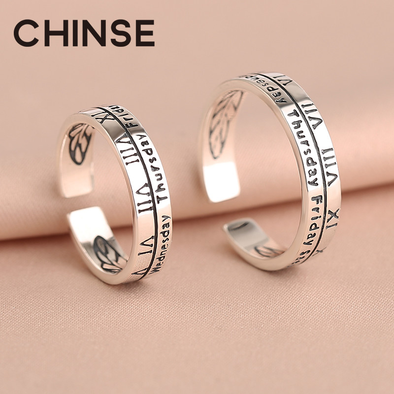 S925 pure silver Roman romantic small crowdtrend retro ring ring male and female with index finger opening couple fashion