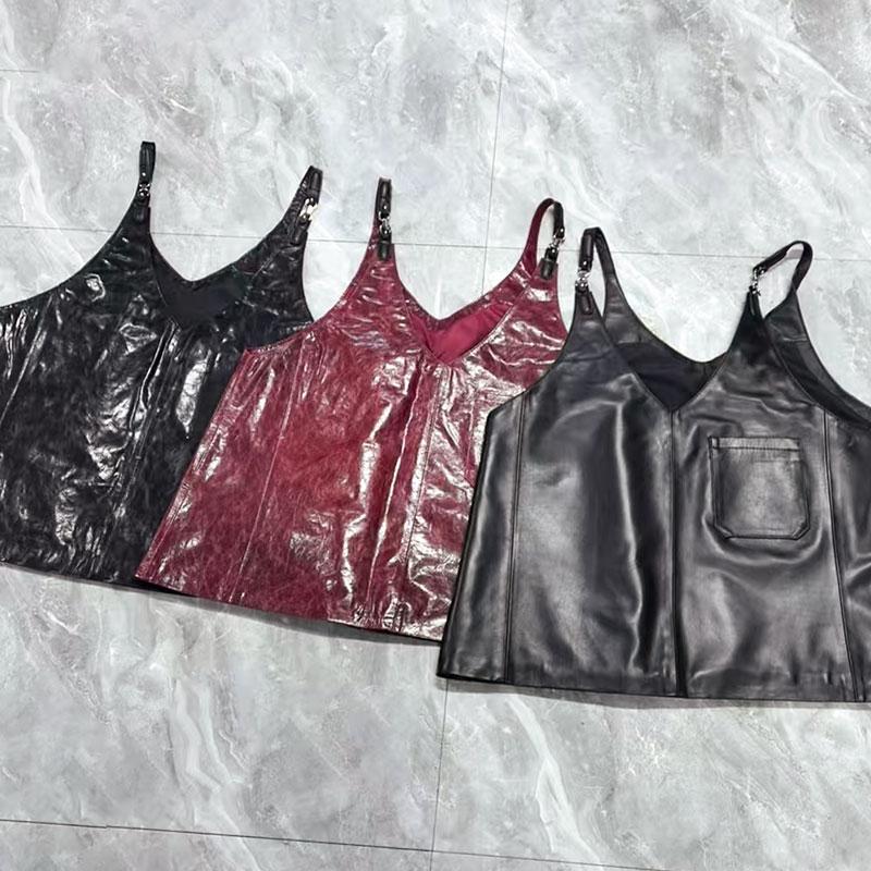 European New Style Genuine Leather Suspender Dress Women's Goatskin Versatile Vest Genuine Leather Outer Wear Sleeveless Suspender Skirt Top