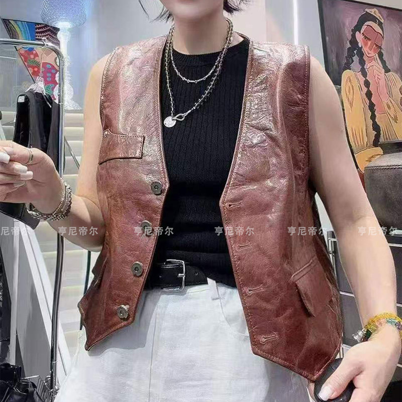2026 Autumn New V-Neck Genuine Leather Vest Short Single-Breasted Slim Fit Vintage Oil Wax Leather Waistcoat Jacket for Women